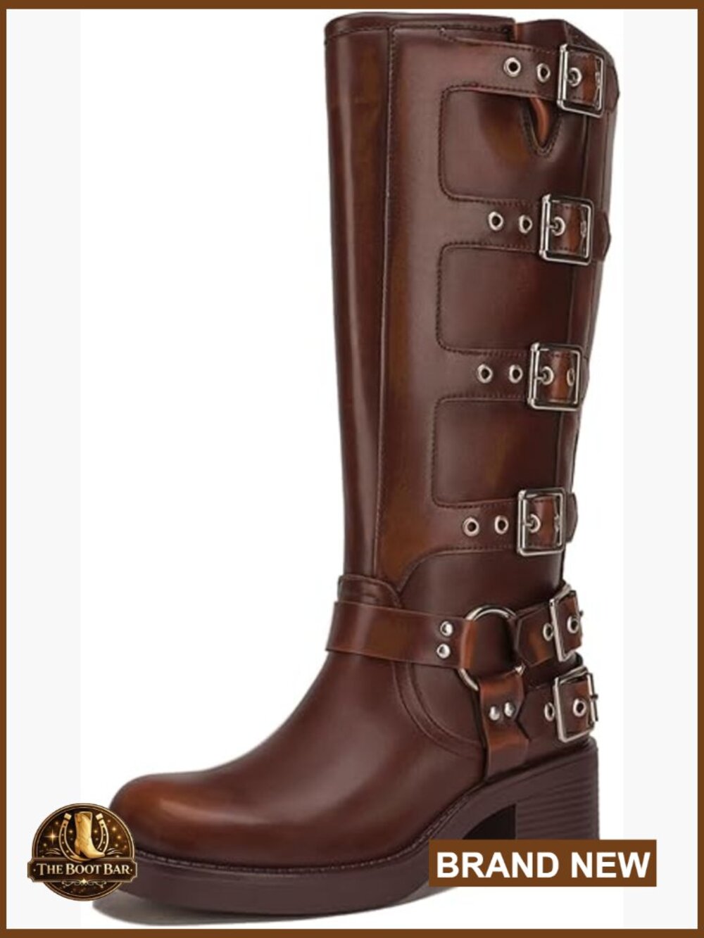Knee High Riding Boots Square Toe Chunky Heel Wide Calf Biker Style